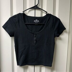 Hollister Black Ribbed Baby Tee Button-Front Crop Top - Small